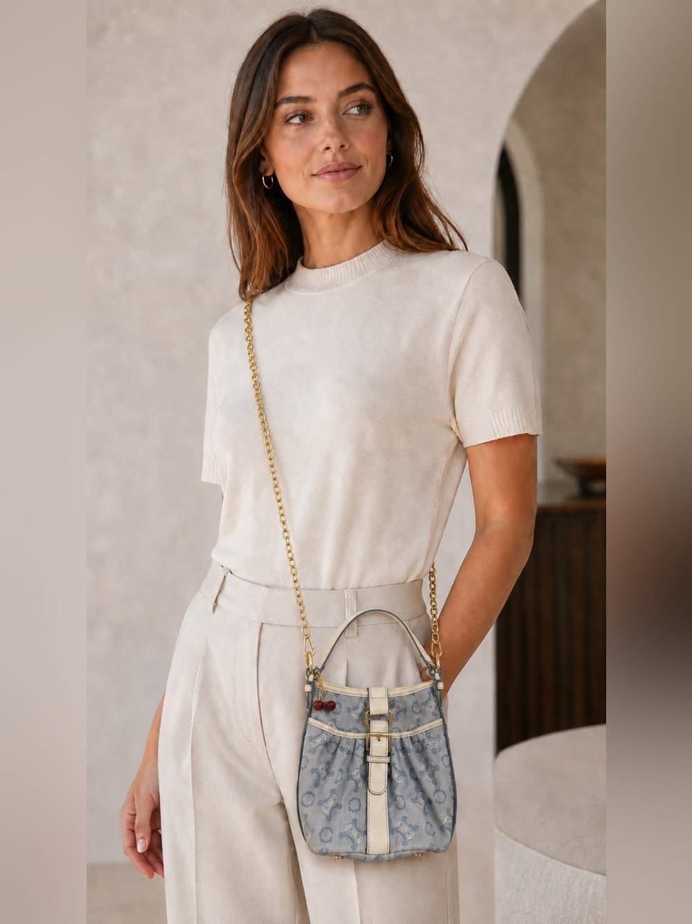 Vintage Celine Macadam Small Blue Denim Cream Canvas Leather